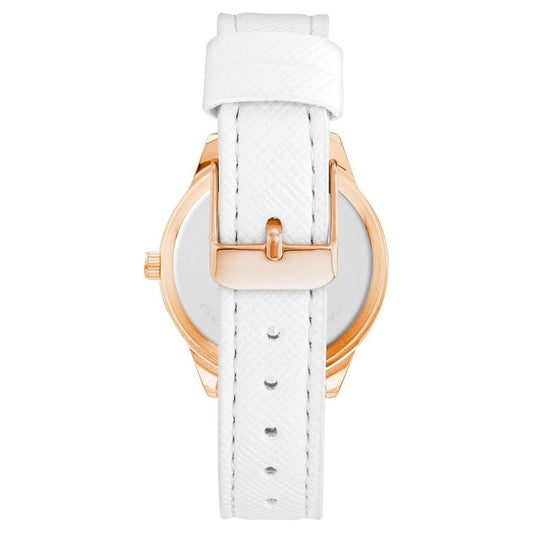 Back view of Juicy Couture Rose Gold Women Watch with white leatherette strap and rose gold pin buckle clasp.