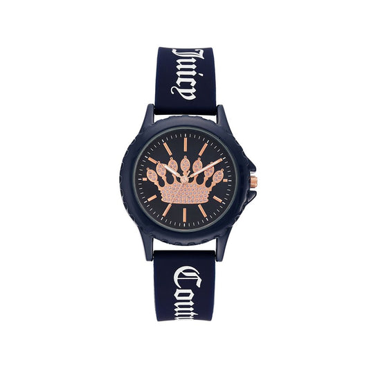 Juicy Couture blue women's quartz watch with analog display, rhinestone face, stainless steel case, and silicone strap.