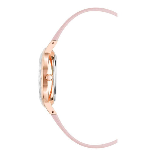 Side view of Juicy Couture Rose Gold Women's Watch with leatherette strap, analog display, and pin buckle closure.