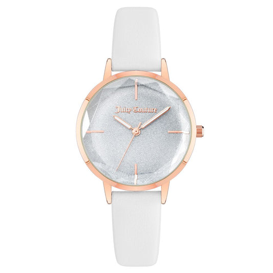 Juicy Couture women's watch in rose gold with white leatherette strap, quartz analog display, fashion style.