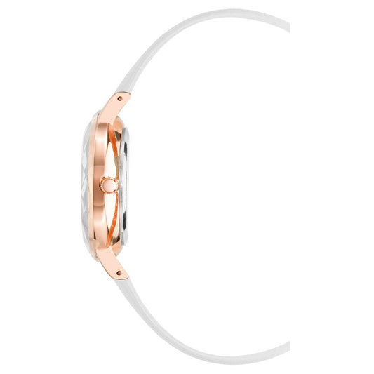 Side view of Juicy Couture rose gold women's watch with white leatherette strap, showcasing elegant design and analog quartz clockwork.