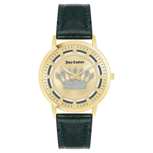 Juicy Couture gold women's watch with green leatherette strap, quartz analog display, and no extra functions.