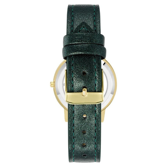 Juicy Couture gold women's watch with green leatherette strap and pin buckle closure, fashion style, analog quartz movement.