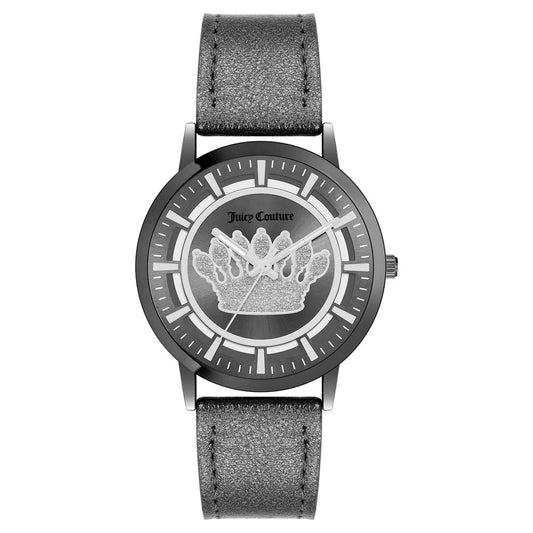Juicy Couture gray women's watch with rhinestone crown design, quartz movement, gunmetal case, and leatherette strap. Fashion accessory.