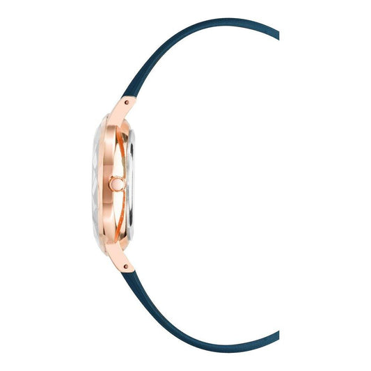 Side view of Juicy Couture Rose Gold Women's Quartz Watch with blue leatherette strap, showcasing its slim metal case.