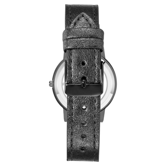 Back view of Juicy Couture gray women's watch with gunmetal leatherette strap and pin buckle closure.