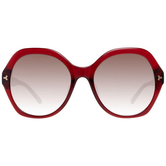 Alt Tag: Bally red oval women's sunglasses with gradient brown lenses, full-rim style, UVA & UVB protection, includes branded case.