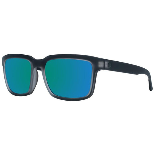 Spy Gray Unisex Sunglasses with green mirrored lenses, plastic gray frame, 100% UVA & UVB protection, rectangle style, size 57-19-145.
