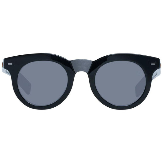 Ermenegildo Zegna black plastic round men's sunglasses with grey lenses, 100% UVA & UVB protection, full-rim style, size 47-23-145.