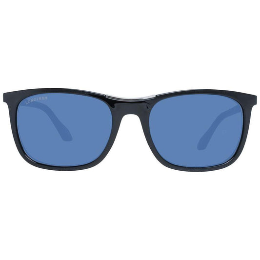 Longines men's black sunglasses with blue lenses, rectangle style, 100% UVA & UVB protection, full-rim plastic frame.