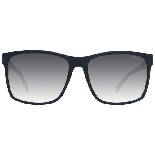 Guess black men's square sunglasses with black plastic frames, grey mirrored gradient lenses, and full UVA & UVB protection.