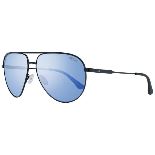 Black aviator sunglasses for men with blue mirrored lenses and full-rim metal frame by Guess, includes branded case, 100% UVA/UVB protection.