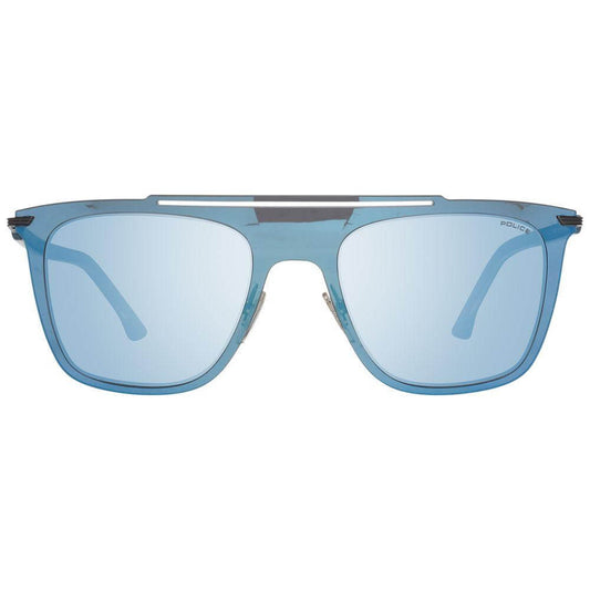 Police Blue Men Sunglasses, rectangle style with mirrored lenses, blue plastic frame, 100% UVA & UVB protection, size 52-20-145.