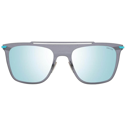 Police Blue Men Sunglasses with blue metal frame, grey mirrored lenses, 100% UVA & UVB protection, rectangle style, includes branded case.