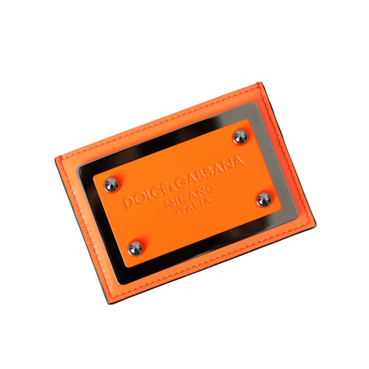 Dolce & Gabbana Orange Black Leather Logo Plaque Card Holder Wallet SMY10325