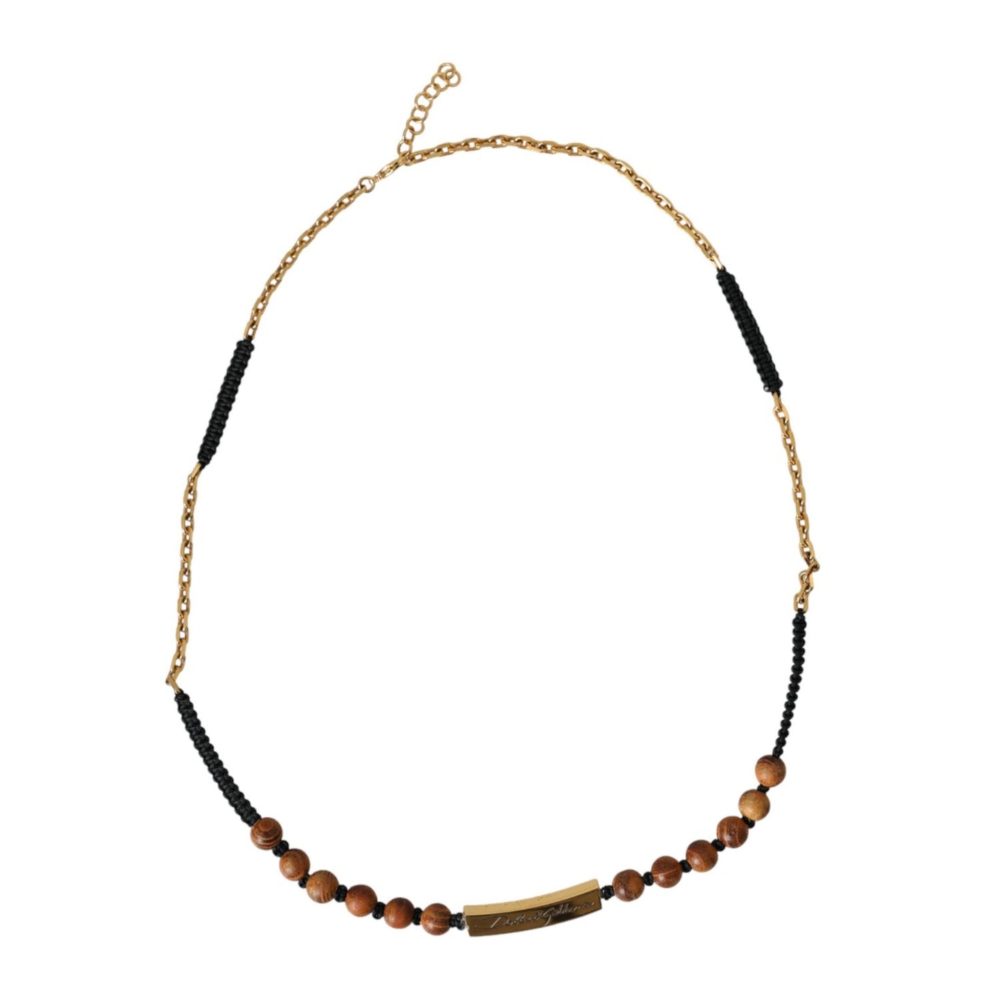 Dolce & Gabbana Black Gold Wooden Beaded Logo Pendant Necklace