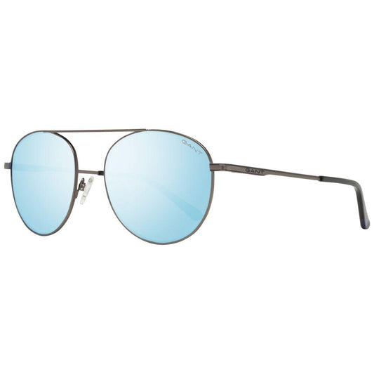 Gant gray men's sunglasses with gunmetal metal frame, blue mirrored lenses, oval style, offers 100% UVA & UVB protection.