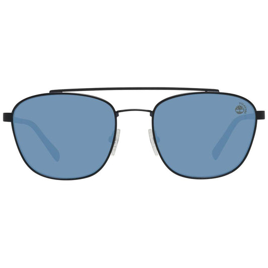 Timberland black men's sunglasses with blue polarized lenses, metal frame, oval style, 100% UVA & UVB protection, and branded case.
