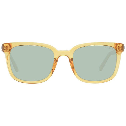 Guess Yellow Men's Sunglasses with green lenses, full-rim square design, UV protection, plastic frame, and branded case included.