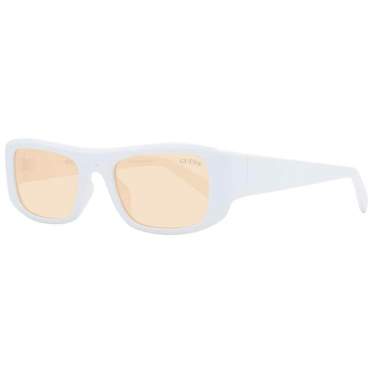 Guess white unisex rectangle sunglasses with full-rim plastic frame and orange lenses, includes branded case, 100% UVA & UVB protection.