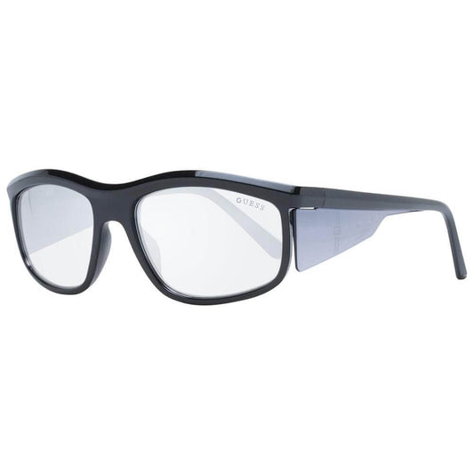 Guess black men's sunglasses with full-rim plastic frame and mirrored grey lenses, offering 100% UVA & UVB protection. Includes branded case.