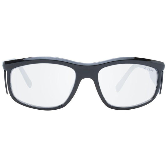 Guess black men's sunglasses with grey mirrored lenses, plastic frame, full-rim rectangle style. Includes branded case. 100% UVA & UVB protection.