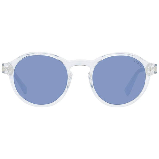 Guess white men's sunglasses with blue lenses, full-rim plastic frame, round style, featuring 100% UVA & UVB protection.