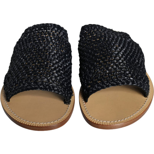 Dolce & Gabbana Black Monochrome Braided Raffia Slides Shoes MV6101-42