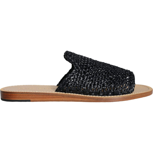 Dolce & Gabbana Black Monochrome Braided Raffia Slides Shoes MV6101-42