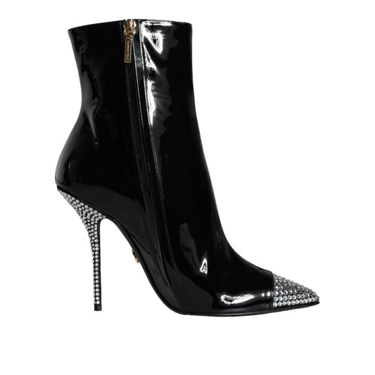 Dolce & Gabbana Black Patent Leather Crystal Heel Boots Shoes