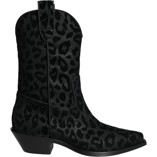 Dolce & Gabbana Black Gray Leopard Cowboy Boots Shoes
