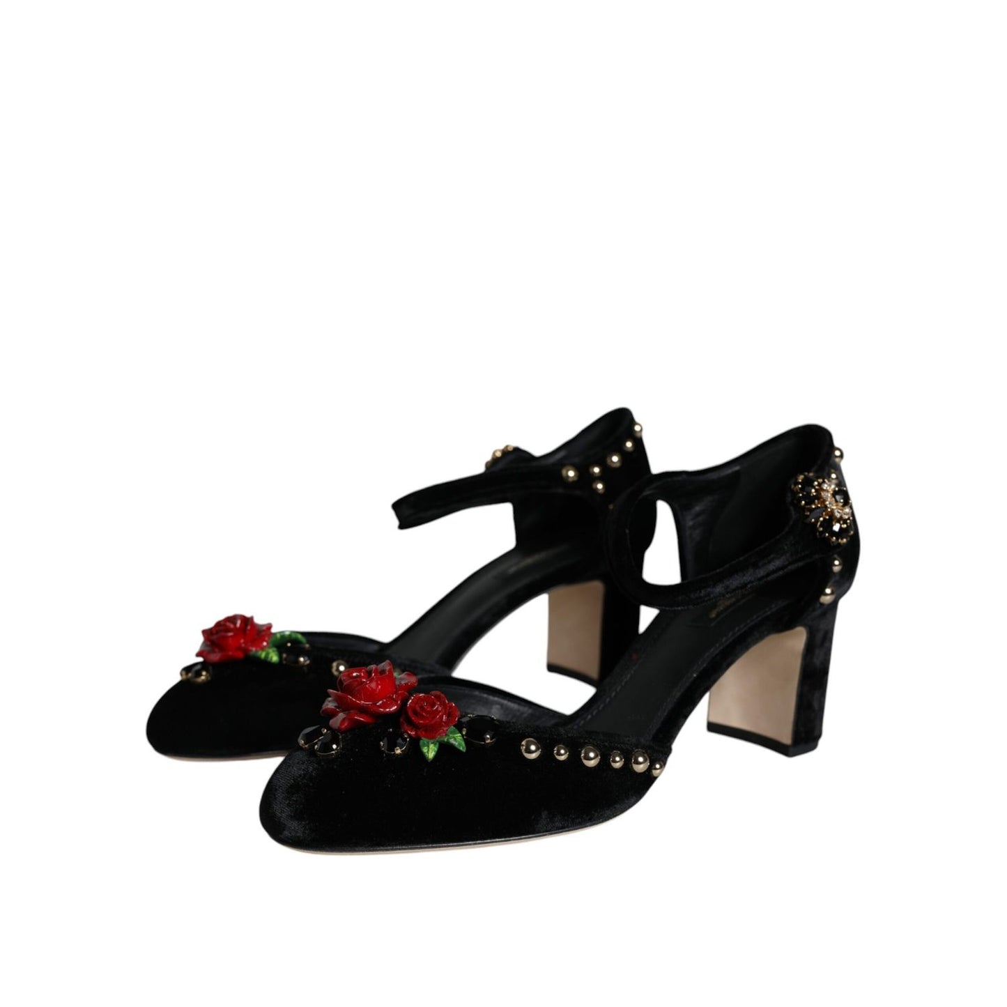 Dolce & Gabbana Black Velvet Roses Ankle Strap Pumps Shoes