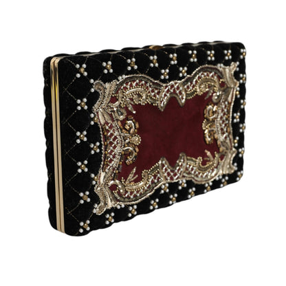 Dolce & Gabbana Bordeaux Black Velvet Gold Frame Clutch Evening Purse Bag