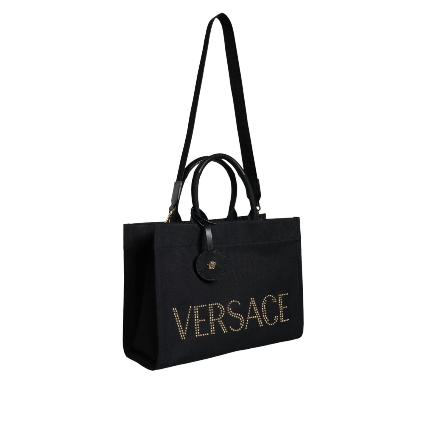 Versace Black Top Handle Canvas Leather Logo Crossbody Tote Bag