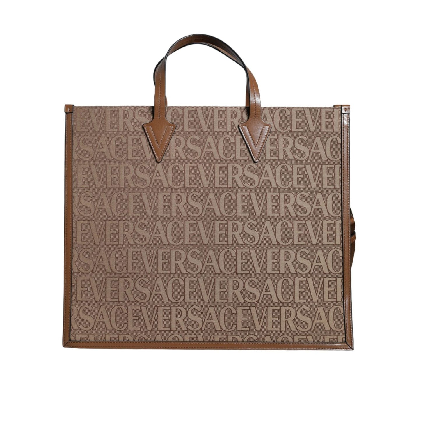 Versace Brown Top Handle Jacquard Leather Logo Crossbody Tote Bag