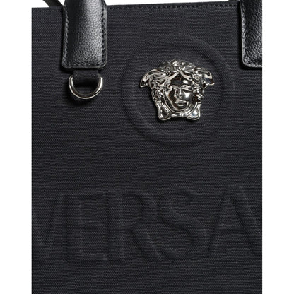 Versace Black Top Handle Canvas Leather Logo Crossbody Tote Bag