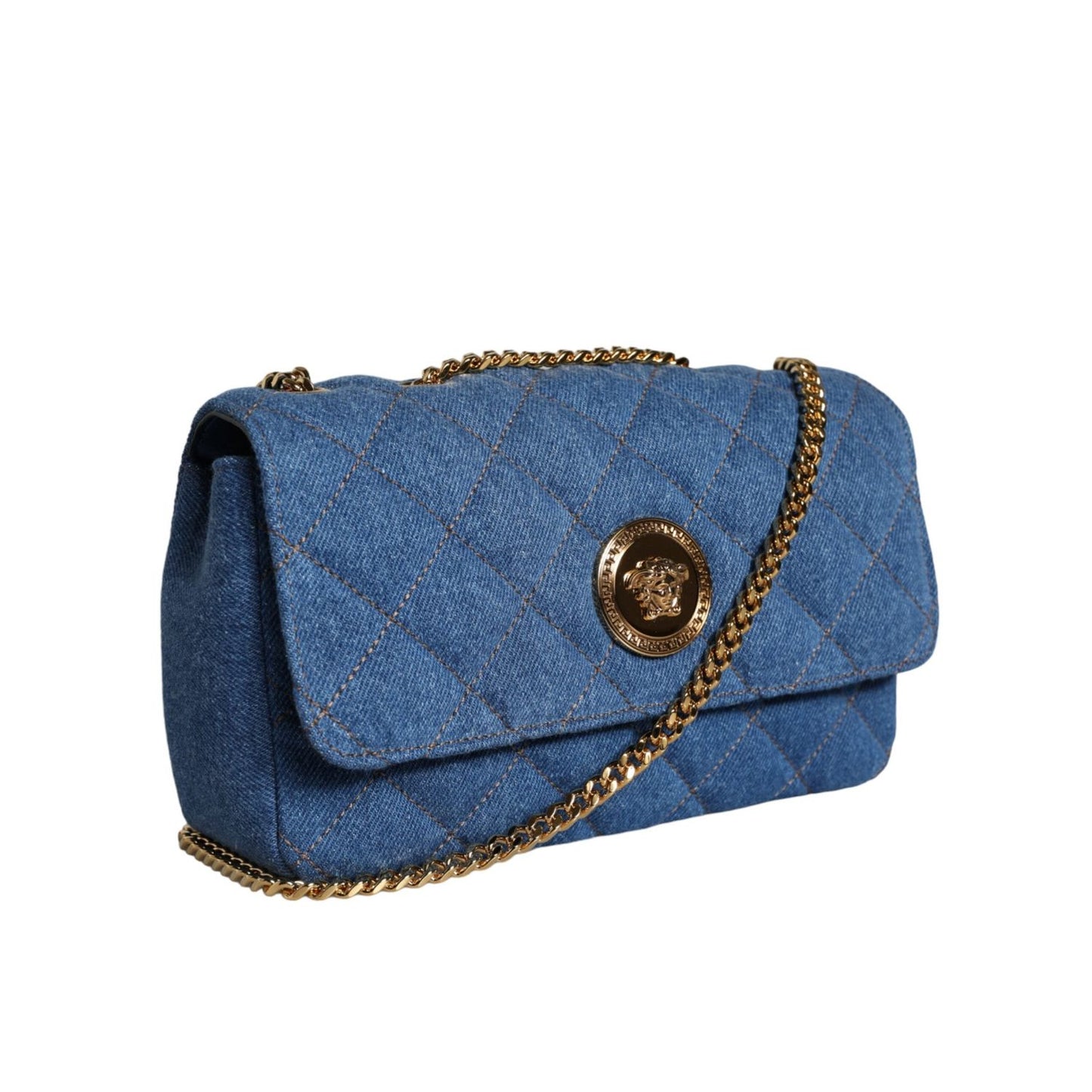 Versace Blue Quilted Denim Leather Crossbody Shoulder Bag