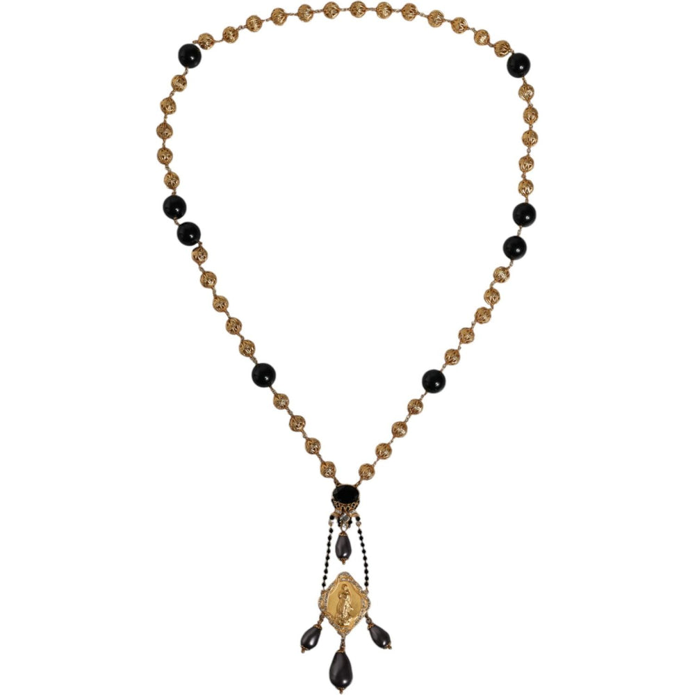 Dolce & Gabbana Gold Chain Brass Black Beaded Rosary Style Necklace SMY10163