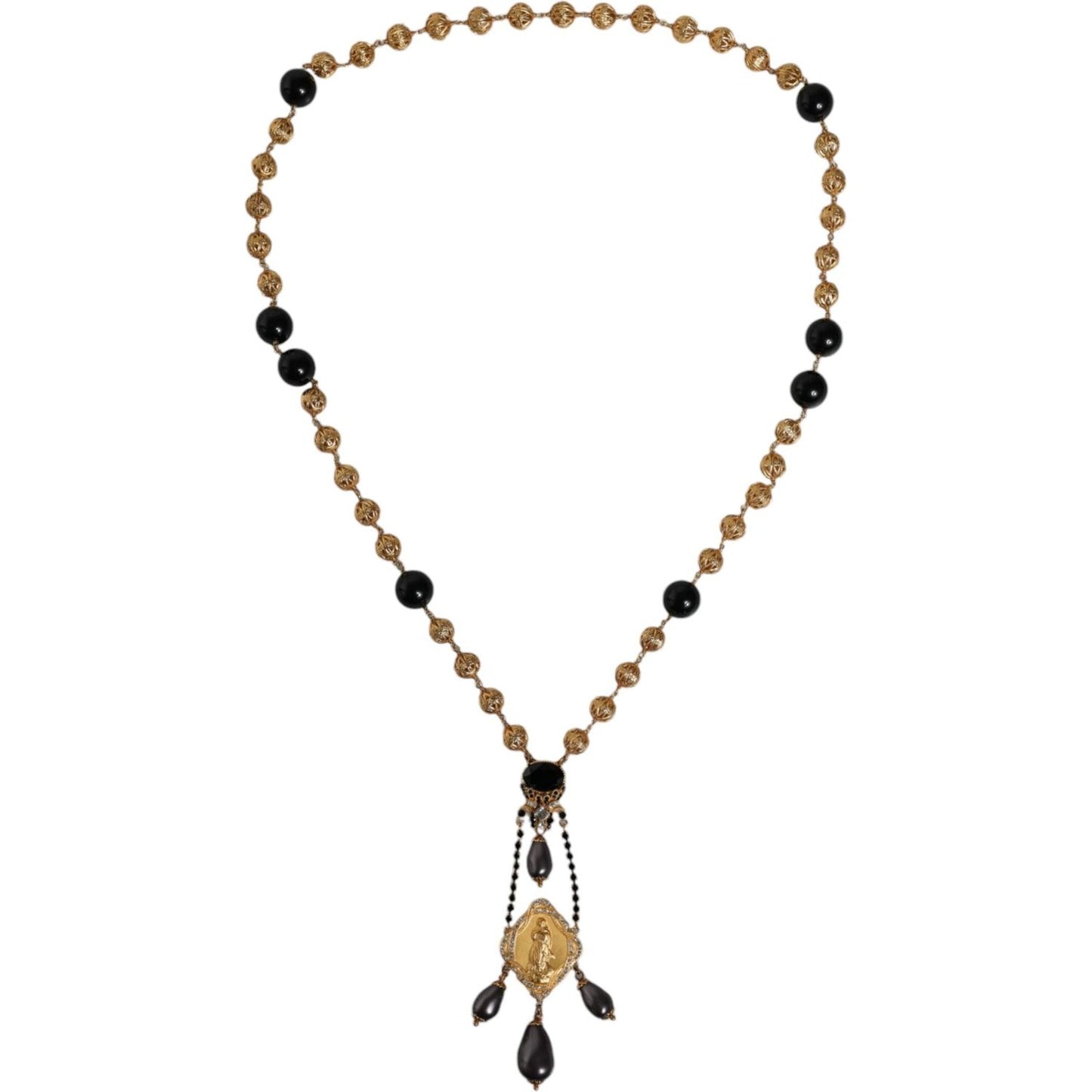 Dolce & Gabbana Gold Chain Brass Black Beaded Rosary Style Necklace SMY10163