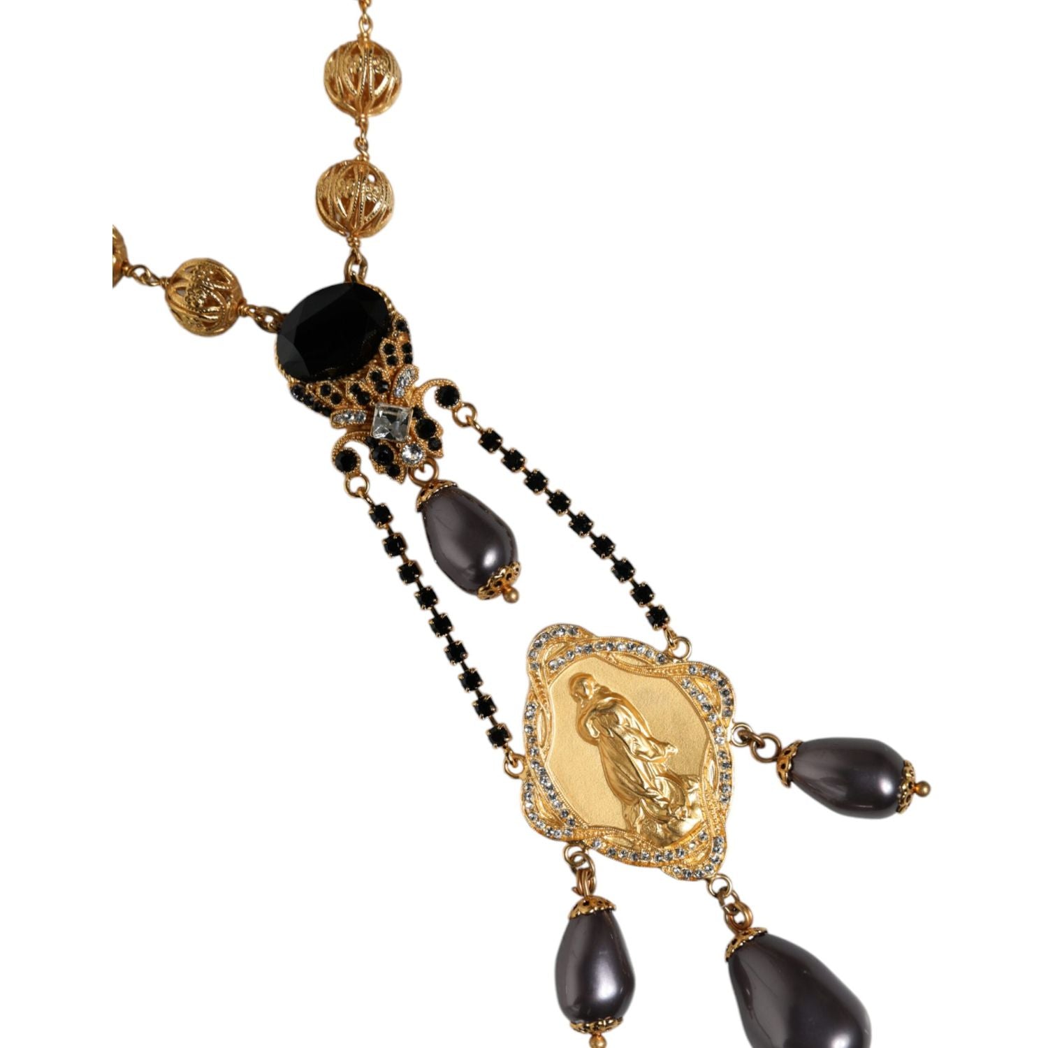 Dolce & Gabbana Gold Chain Brass Black Beaded Rosary Style Necklace