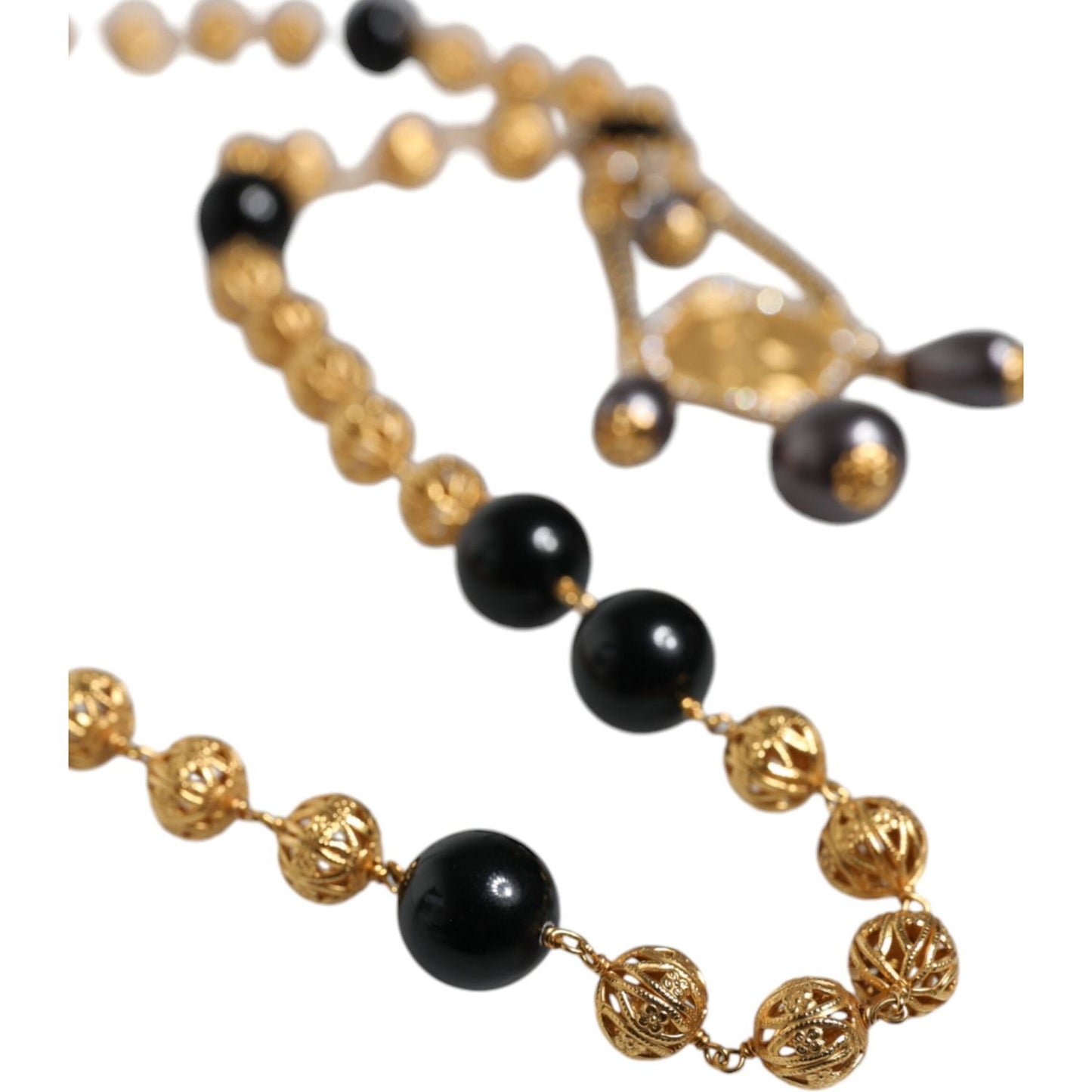 Dolce & Gabbana Gold Chain Brass Black Beaded Rosary Style Necklace SMY10163