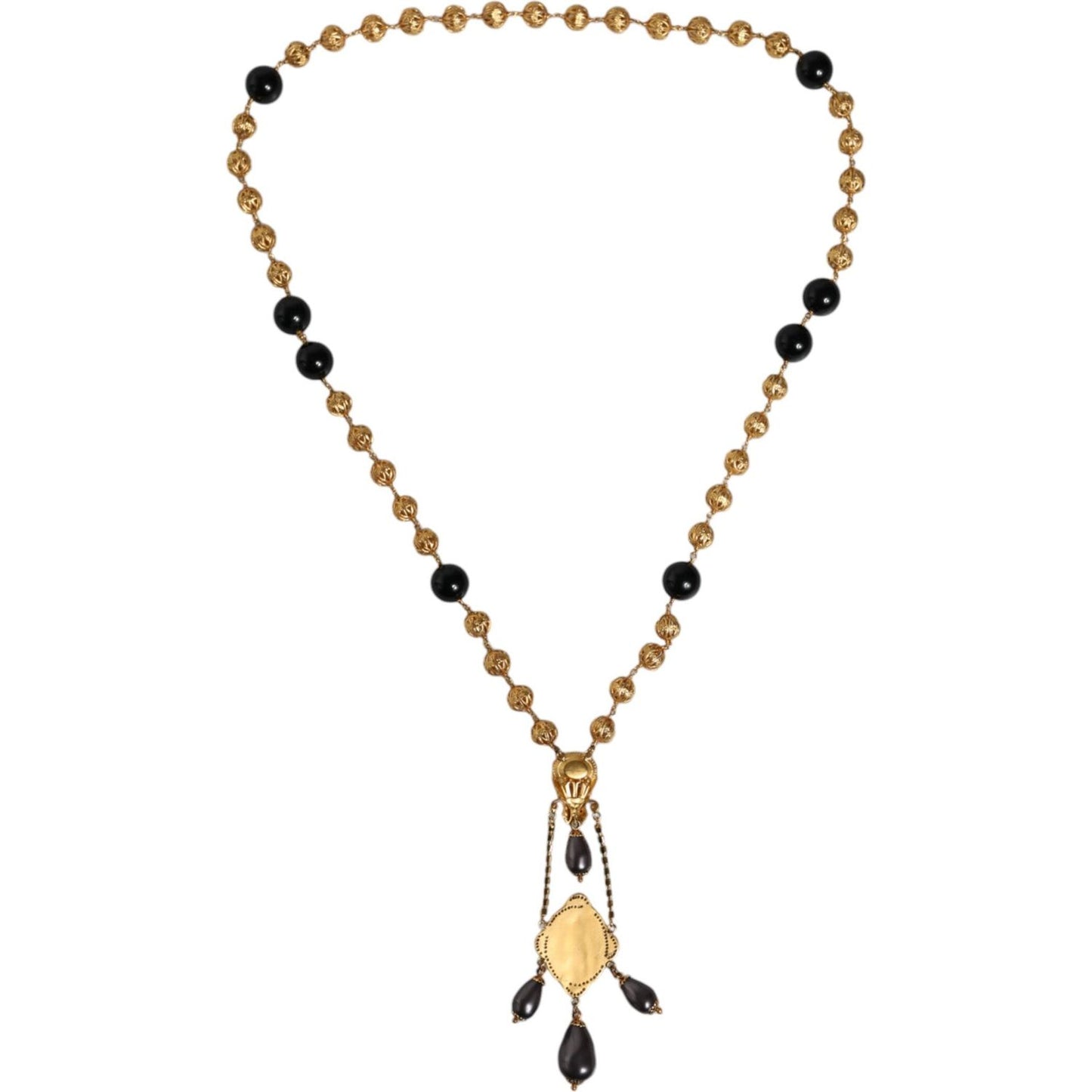Dolce & Gabbana Gold Chain Brass Black Beaded Rosary Style Necklace SMY10163