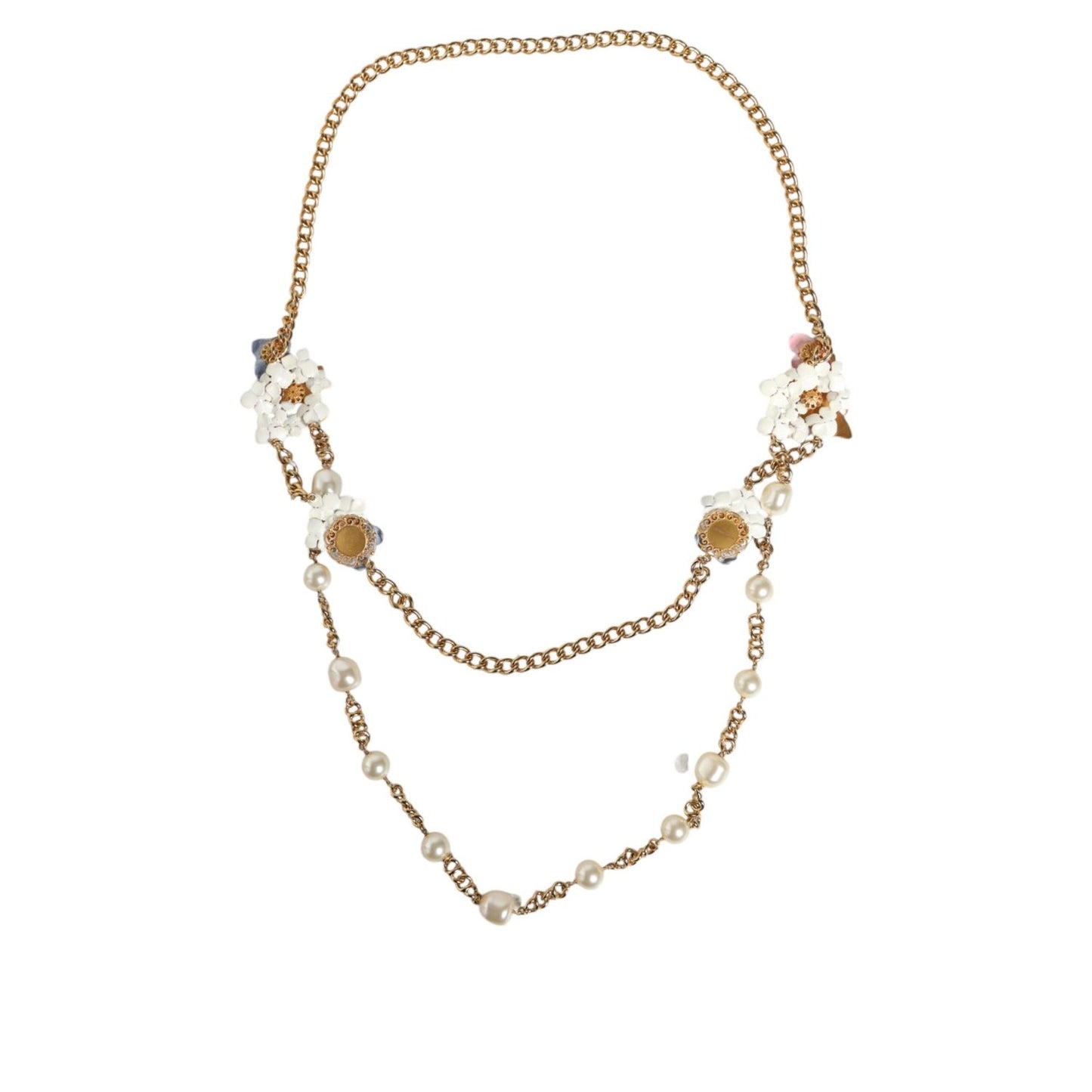 Dolce & Gabbana Gold Chain Brass Floral Layered Crystal Pearl Necklace Necklace