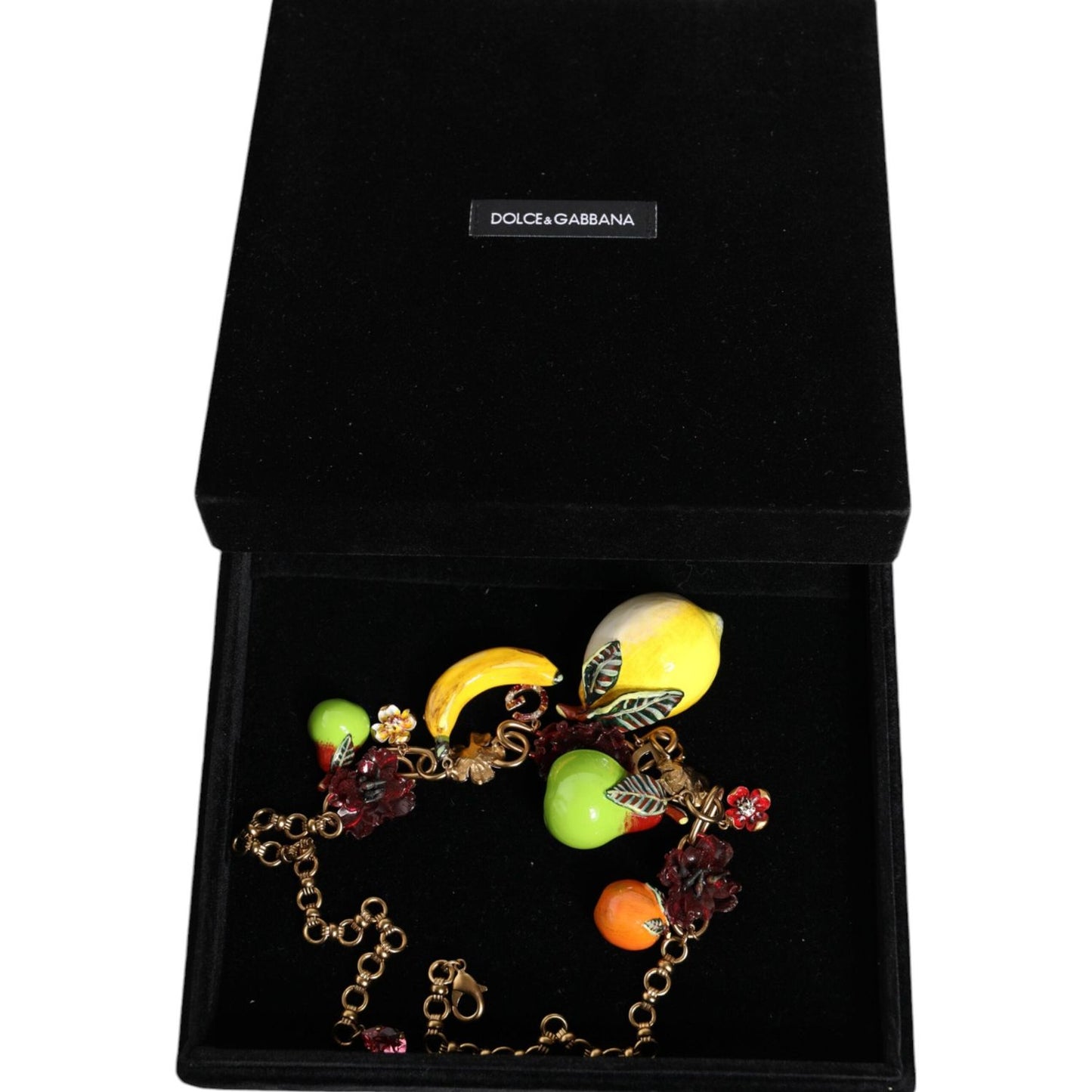 Dolce & Gabbana Gold Brass FRUIT Pendants Flowers Crystal Logo Necklace Necklace