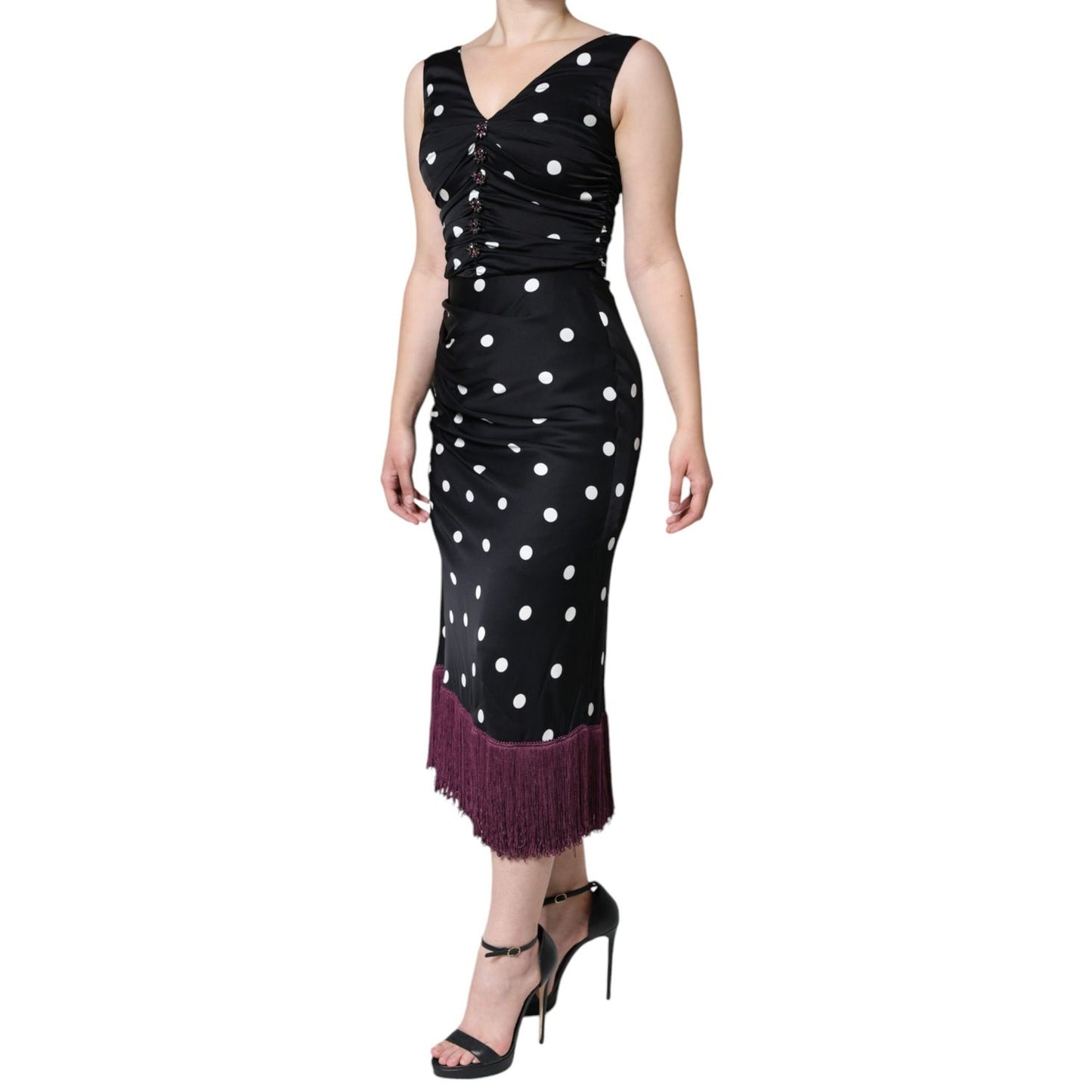 Dolce & Gabbana Black Silk Polka Dot V-neck Tassel Midi Dress