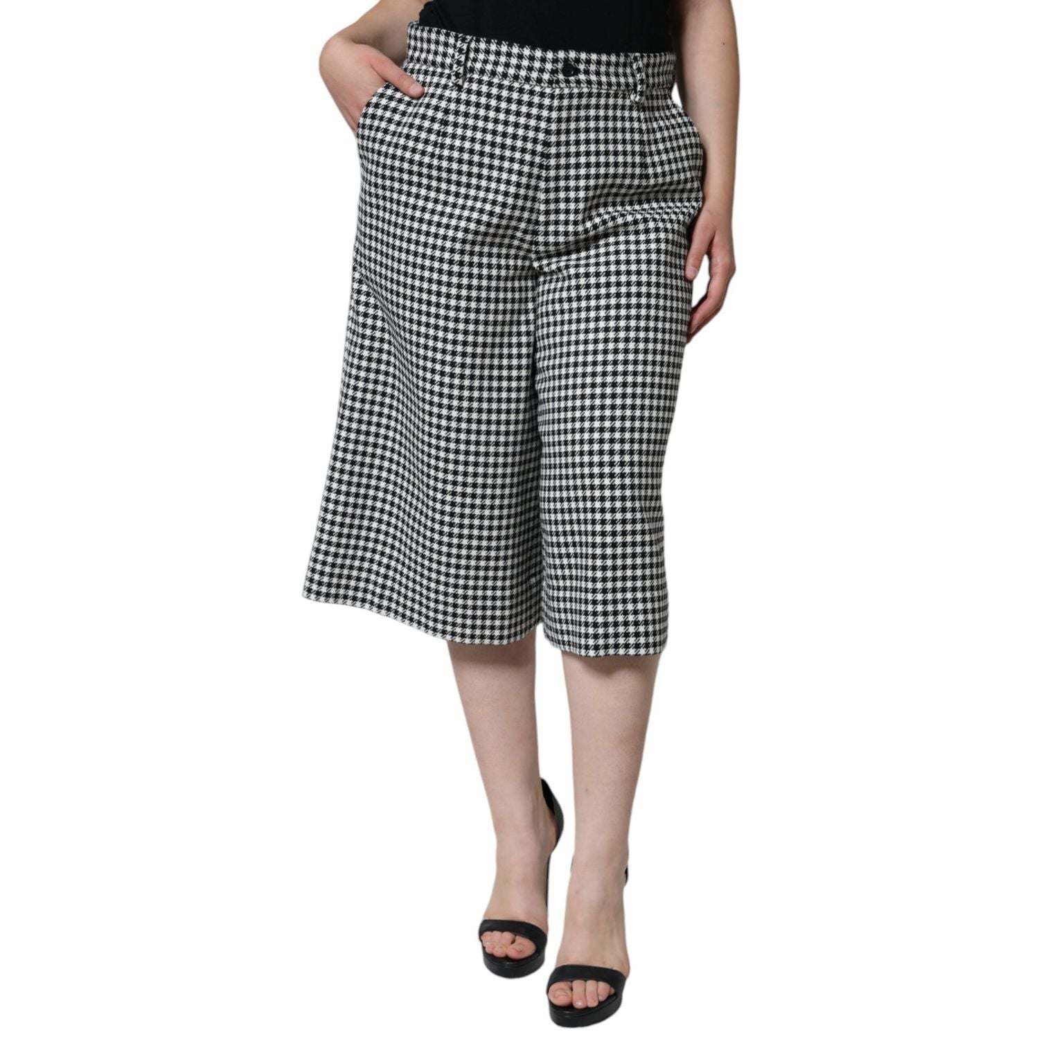 Dolce & Gabbana Black White Houndstooth Cropped Wide Leg Pants