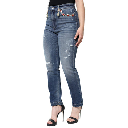 Dolce & Gabbana Dark Blue Cotton Tattered Skinny Denim Jeans