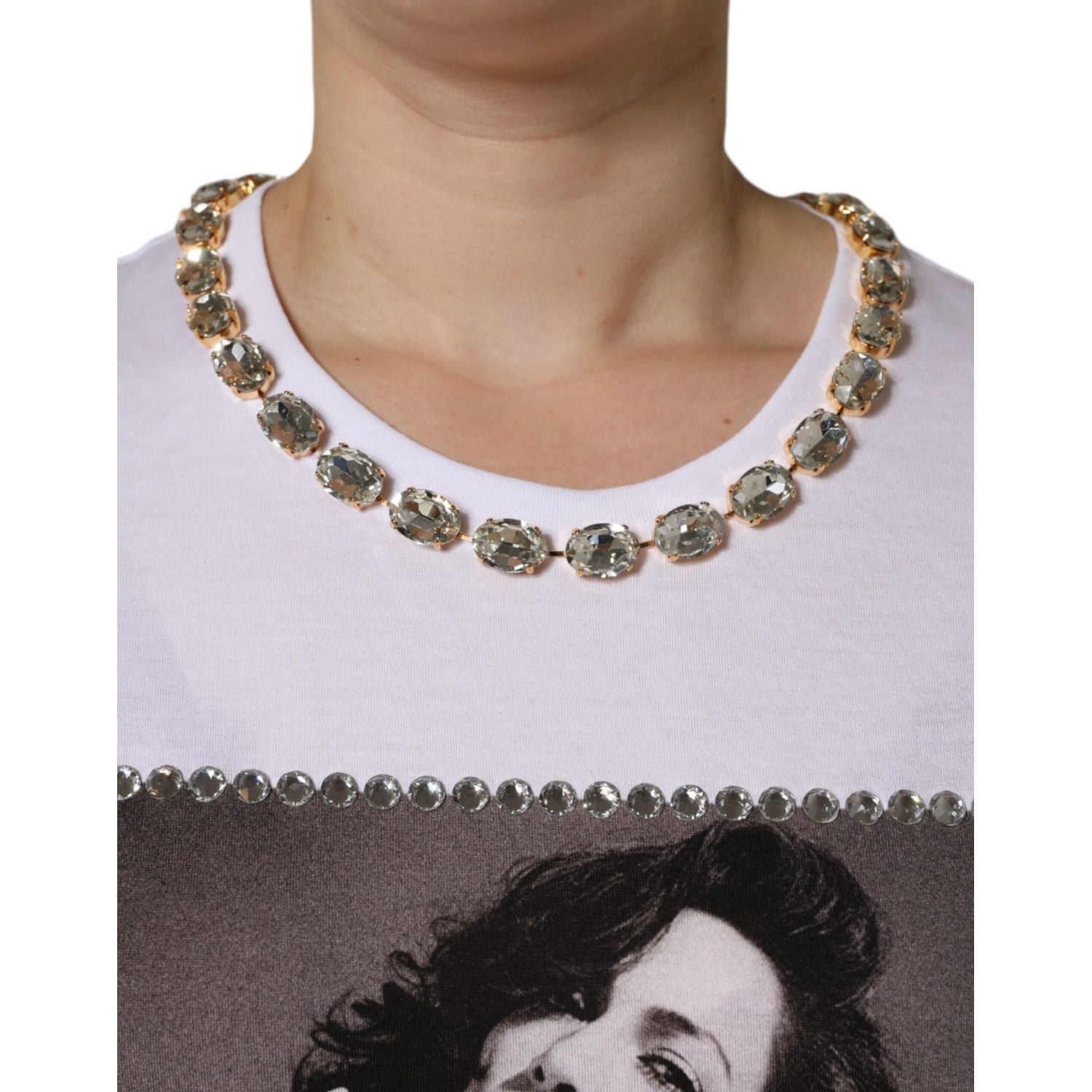 Dolce & Gabbana White Crystal Neckline Embellished Printed T-shirt