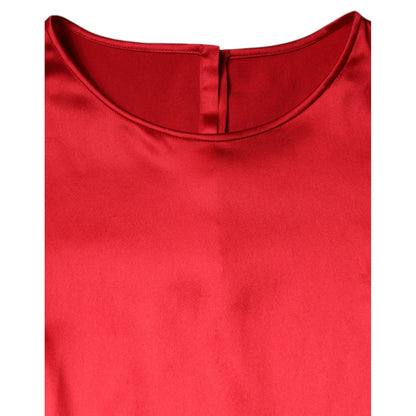 Dolce & Gabbana Red Satin Lace Trim Round Neck Blouse Top