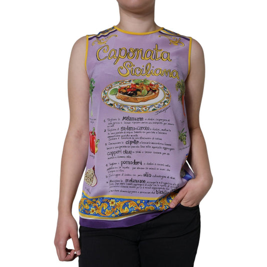 Dolce & Gabbana purple silk Caponata Siciliana print tank top showcasing vibrant design and high craftsmanship.